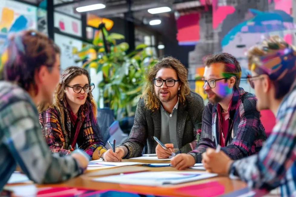 Empreendedores e mentores colaborando em um workshop sobre mentoria empresarial.