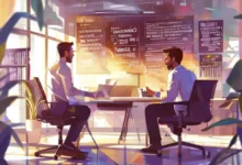 Mentor aconselhando um mentee em um espaço de escritório inspirador.