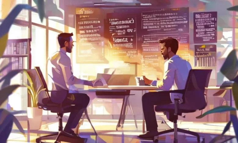 Mentor aconselhando um mentee em um espaço de escritório inspirador.