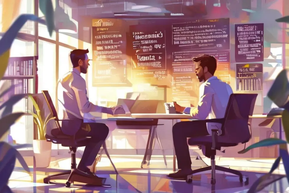 Mentor aconselhando um mentee em um espaço de escritório inspirador.