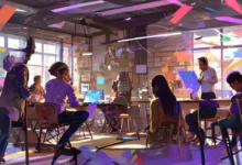 Mentoria em um workshop, com energia positiva e colaboração.