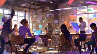 Mentoria em um workshop, com energia positiva e colaboração.