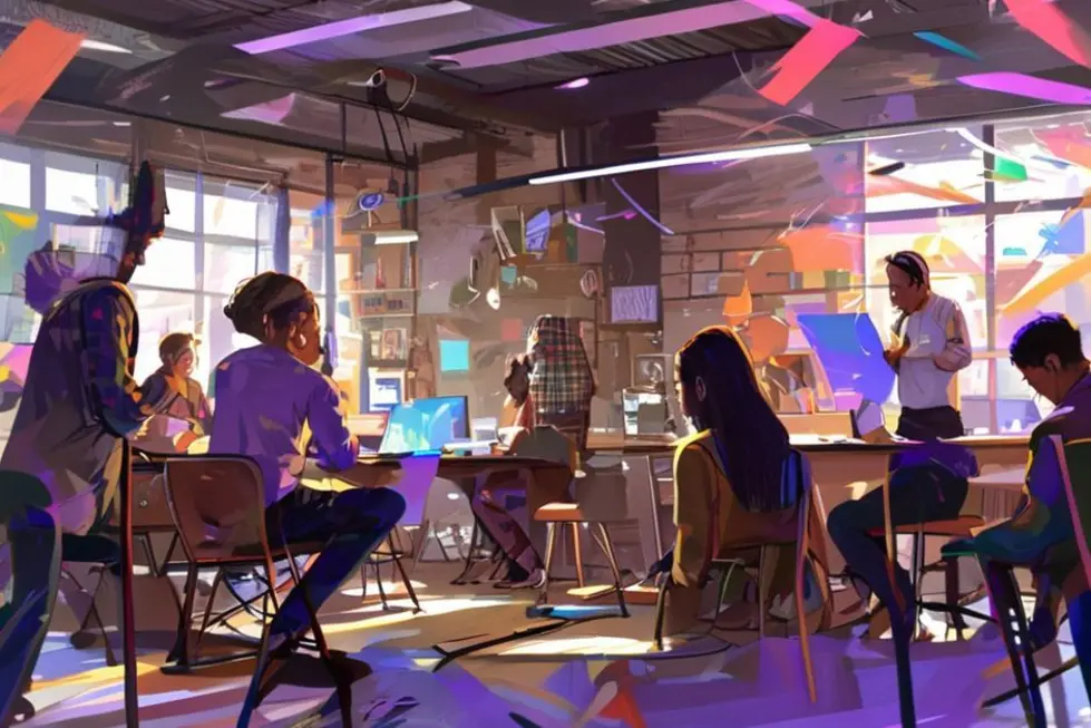 Mentoria em um workshop, com energia positiva e colaboração.