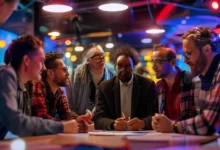 Grupo diversificado de mentores e empreendedores discutindo ideias em um ambiente inspirador.