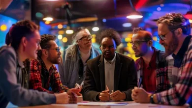 Grupo diversificado de mentores e empreendedores discutindo ideias em um ambiente inspirador.