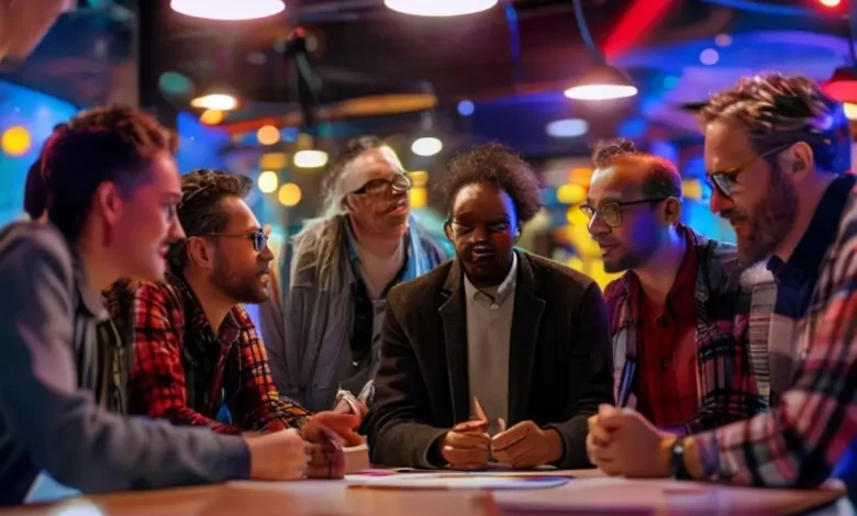 Grupo diversificado de mentores e empreendedores discutindo ideias em um ambiente inspirador.