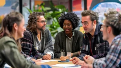 Mentores e mentorados colaborando em um ambiente de workshop.
