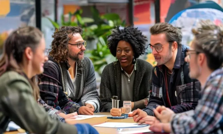 Mentores e mentorados colaborando em um ambiente de workshop.