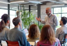 Mentor falando para um grupo de mentorados.