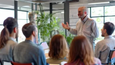 Mentor falando para um grupo de mentorados.