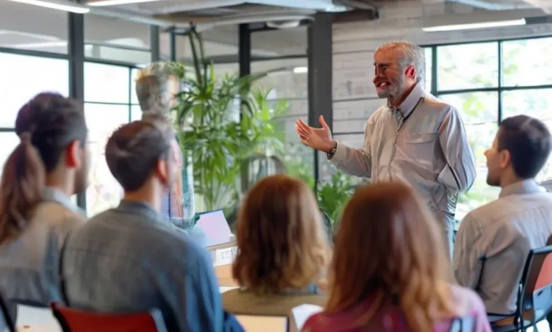 Mentor falando para um grupo de mentorados.