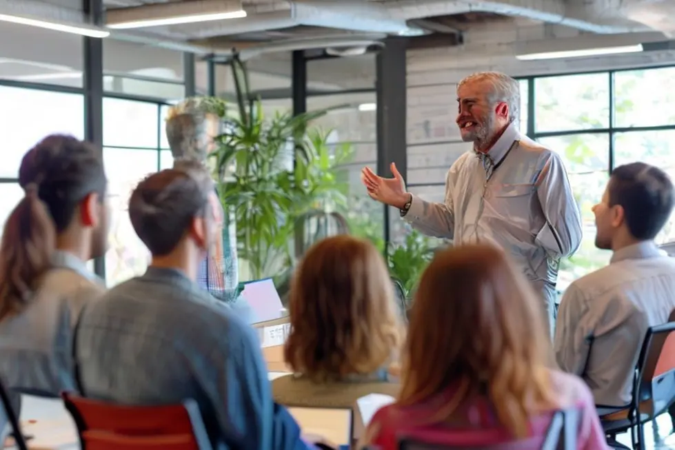 Mentor falando para um grupo de mentorados.