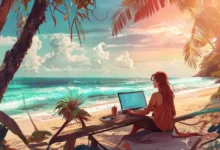 Nômade digital trabalhando em um laptop na praia, simbolizando flexibilidade e liberdade.