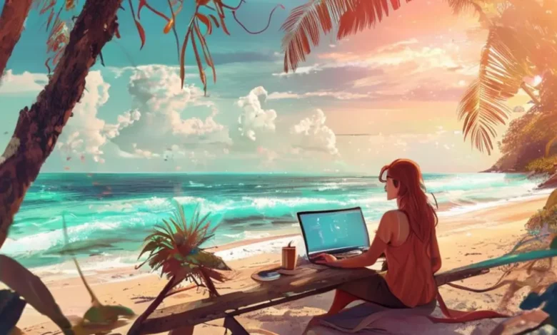 Nômade digital trabalhando em um laptop na praia, simbolizando flexibilidade e liberdade.