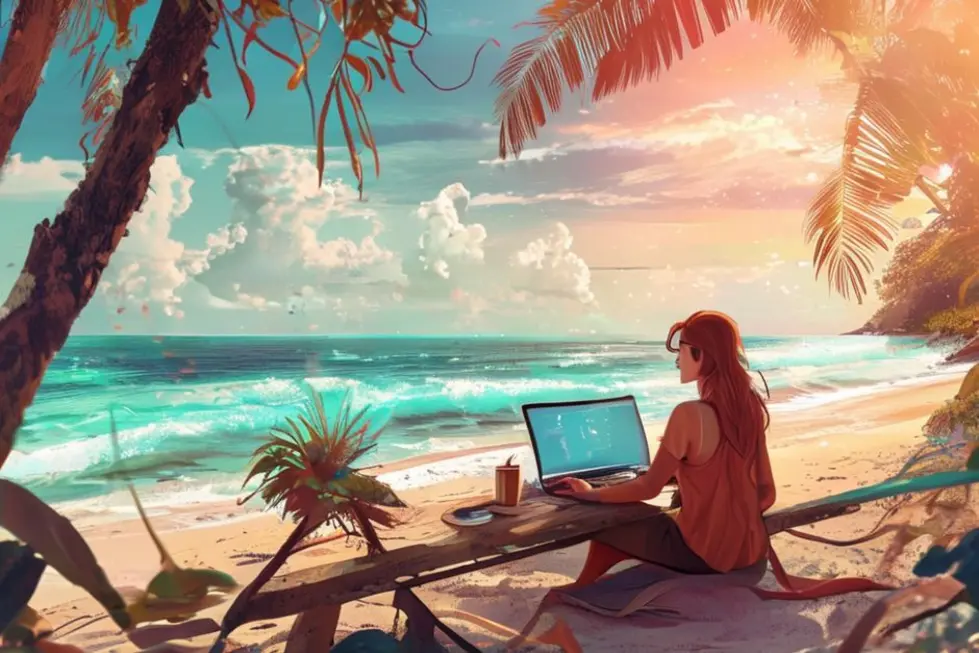 Nômade digital trabalhando em um laptop na praia, simbolizando flexibilidade e liberdade.