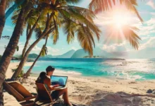 Um nômade digital trabalhando em um laptop na praia, simbolizando liberdade e estilo de vida.