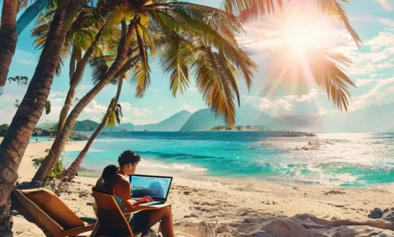Um nômade digital trabalhando em um laptop na praia, simbolizando liberdade e estilo de vida.