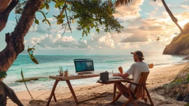 Nômade digital em um local de trabalho sustentável na praia.