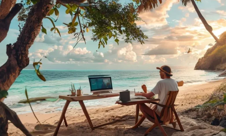 Nômade digital em um local de trabalho sustentável na praia.