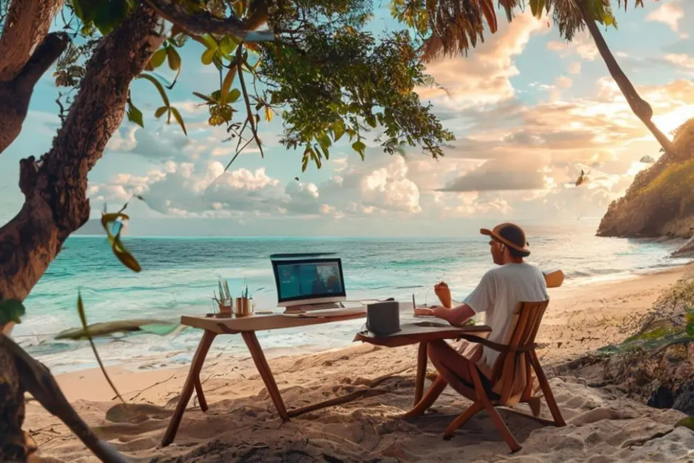 Nômade digital em um local de trabalho sustentável na praia.