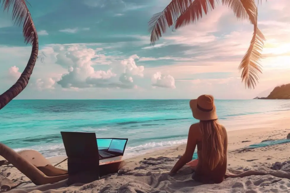 7 Dicas Incríveis para Criar uma Empresa Lucrativa em 2025 - Web Nômade Digital Nômade digital trabalhando na praia