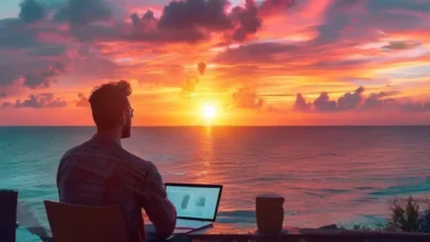 Empreendedor nômade digital ao pôr do sol, simbolizando liberdade e crescimento sustentável.
