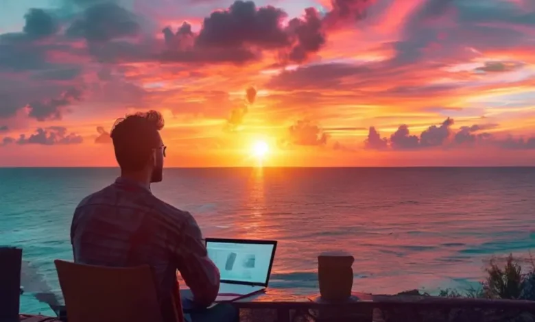 Empreendedor nômade digital ao pôr do sol, simbolizando liberdade e crescimento sustentável.