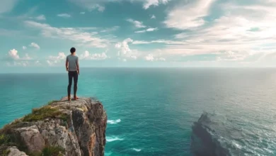 Empreendedor nômade observando o horizonte em um local exótico.