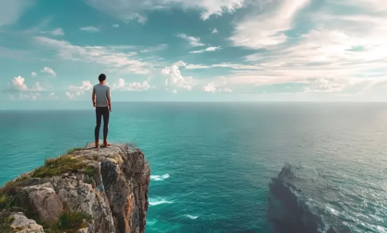 Empreendedor nômade observando o horizonte em um local exótico.