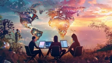 Imagem de nômades digitais conectados virtualmente, simbolizando colaboração e crescimento sustentável.