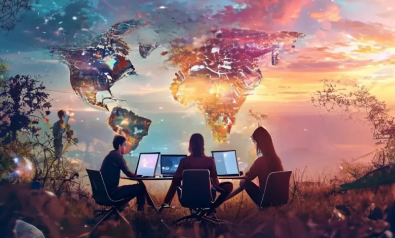 Imagem de nômades digitais conectados virtualmente, simbolizando colaboração e crescimento sustentável.
