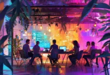 Grupo de nômades digitais em um ambiente colaborativo.