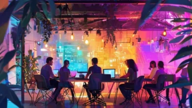 Grupo de nômades digitais em um ambiente colaborativo.