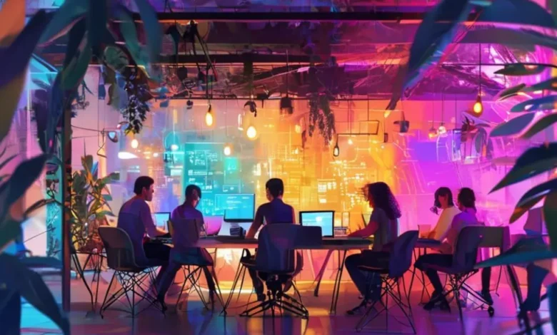 Grupo de nômades digitais em um ambiente colaborativo.