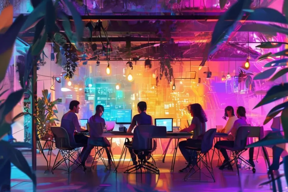 Grupo de nômades digitais em um ambiente colaborativo.