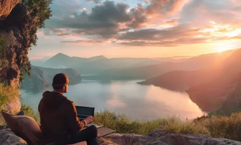 Imagem de um nômade digital trabalhando de um lugar bonito.