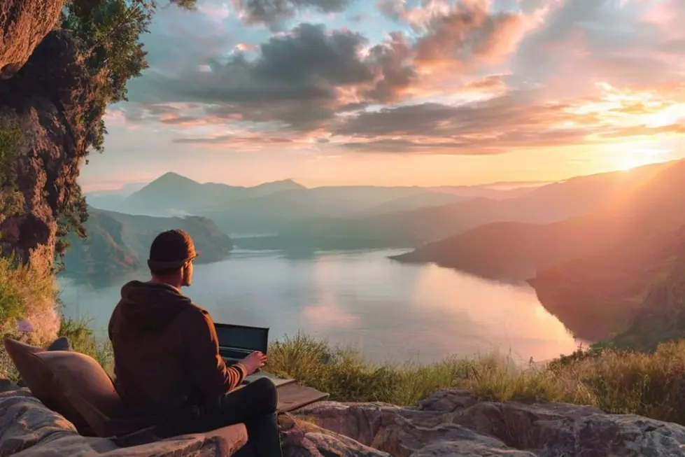 Imagem de um nômade digital trabalhando de um lugar bonito.
