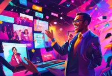 Evento de vendas online em andamento, com um apresentador carismático e engajamento do público.