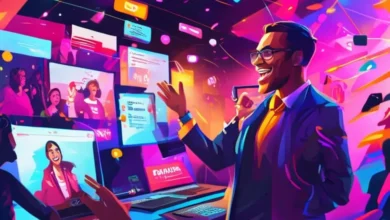 Evento de vendas online em andamento, com um apresentador carismático e engajamento do público.