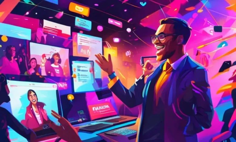 Evento de vendas online em andamento, com um apresentador carismático e engajamento do público.