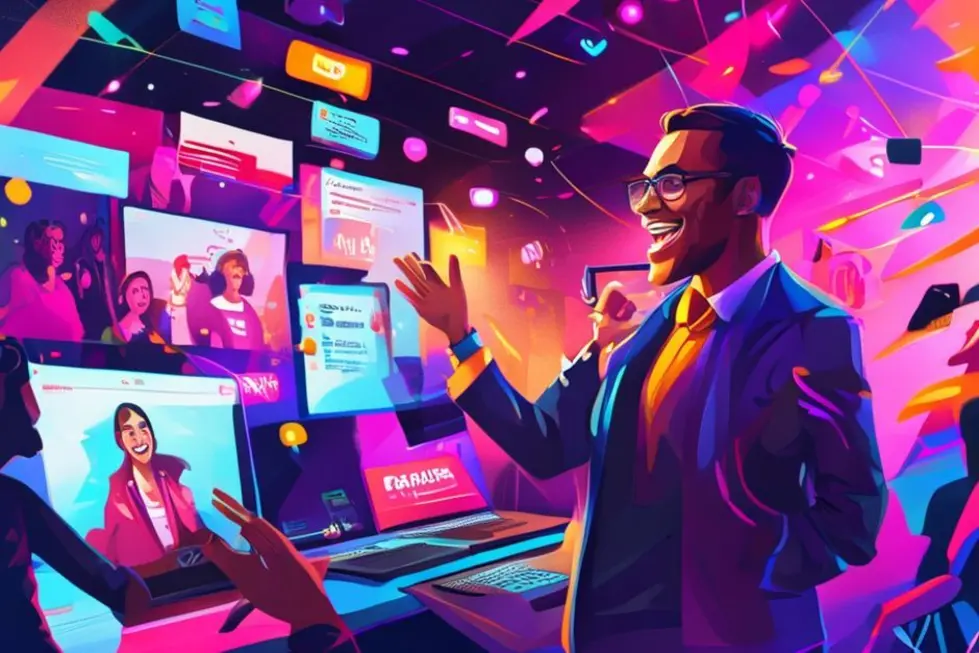 Evento de vendas online em andamento, com um apresentador carismático e engajamento do público.