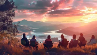 Cenário inspirador de nômades digitais trabalhando remotamente.