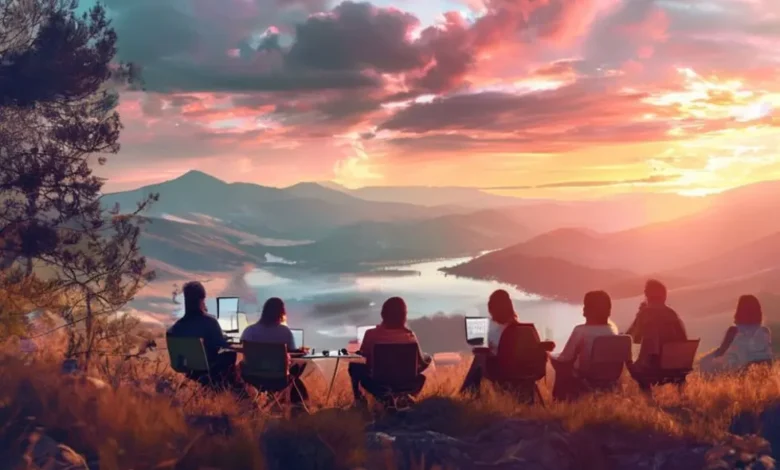 Cenário inspirador de nômades digitais trabalhando remotamente.