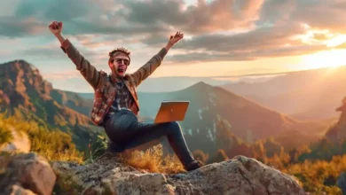 Empreendedor digital comemorando conquistas em um local bonito.