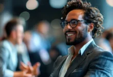 Imagem inspiradora de um empreendedor confiante interagindo em um evento.