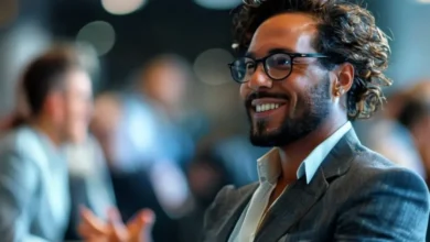 Imagem inspiradora de um empreendedor confiante interagindo em um evento.