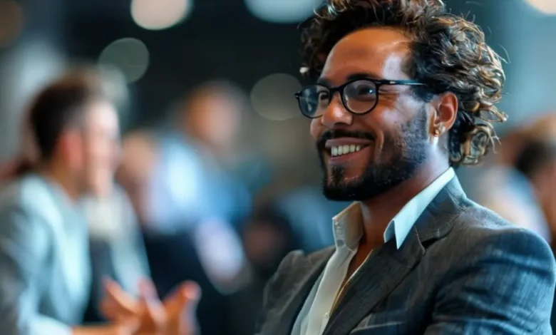 Imagem inspiradora de um empreendedor confiante interagindo em um evento.