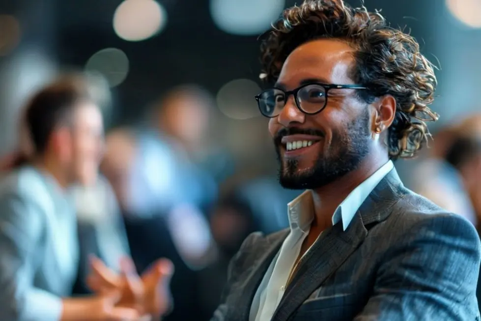 Imagem inspiradora de um empreendedor confiante interagindo em um evento.