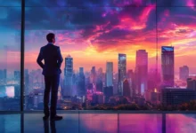 Empreendedor confiante em um escritório moderno com vista para a cidade.