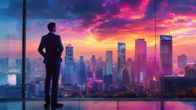 Empreendedor confiante em um escritório moderno com vista para a cidade.